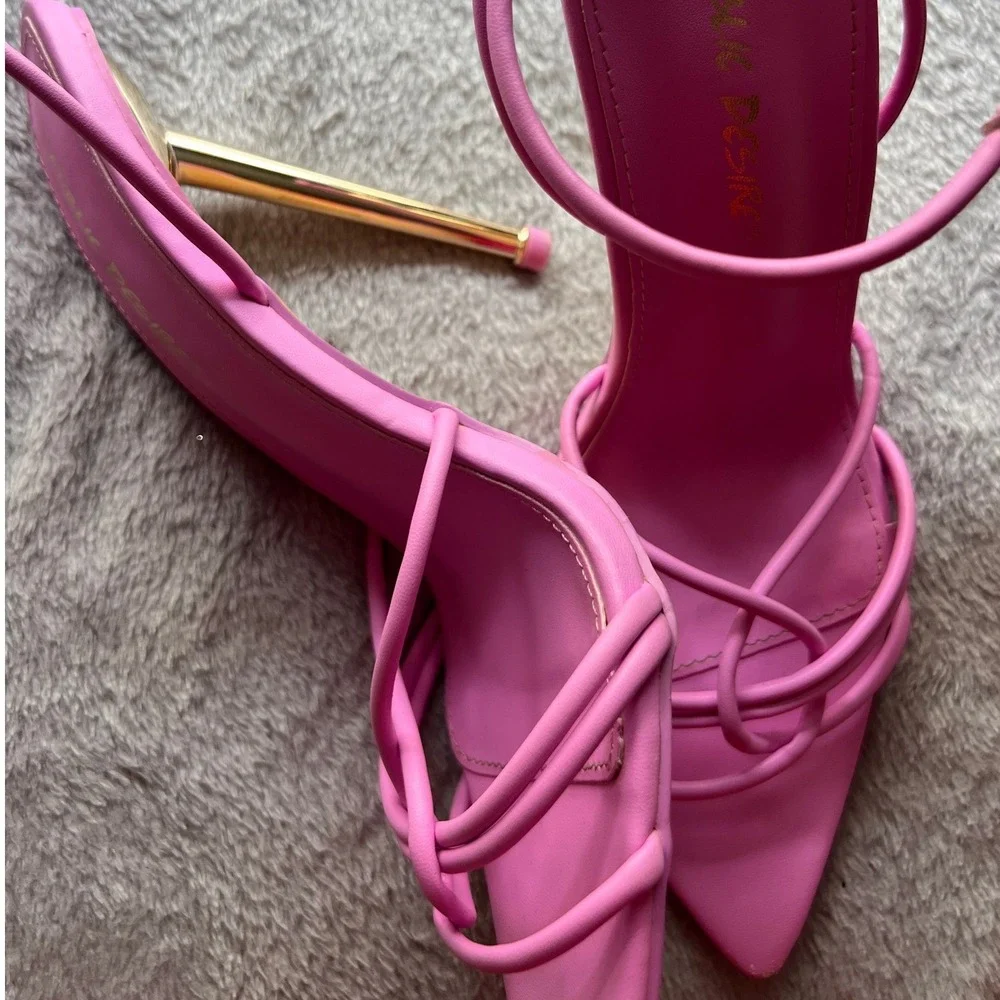 Public Desire Pink Strappy Pointed Toe Gold Stiletto Heel Sandals Womens Size 6 - Picture 3 of 6